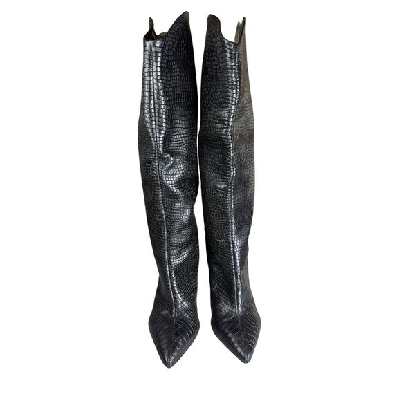 Schutz Maryana Croc-Embossed Leather Knee Boots 7B Black Pointed Toe Sleek - Picture 6 of 12
